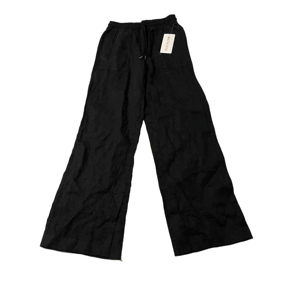 NWT Athleta Black Retreat Linen Ankle Pant W/Drawstring Womens Size Small
